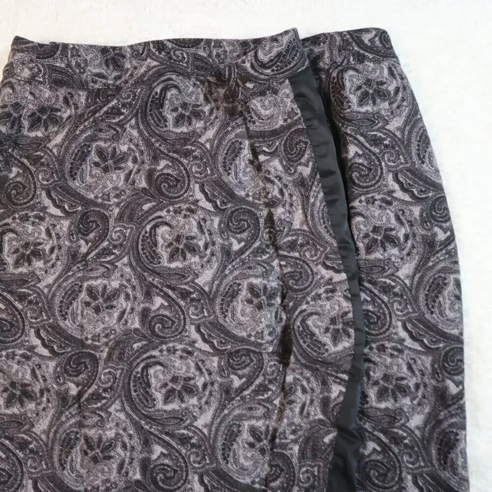 Talbots Wool Blend Floral Wrap Mini Skirt 12P Black Gray Jacquard - Picture 9 of 13